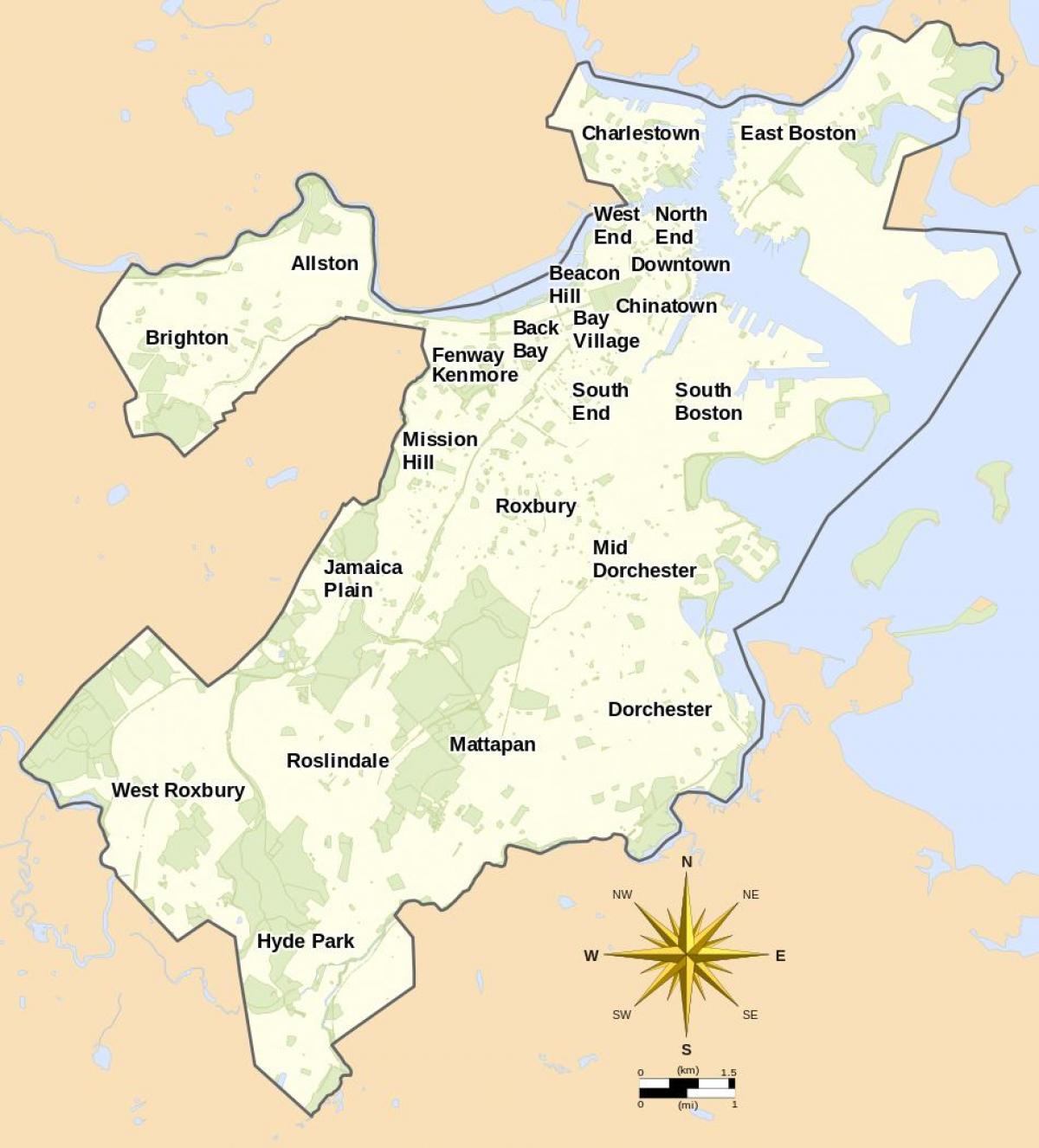 mapa ng Boston at sa nakapalibot na lugar