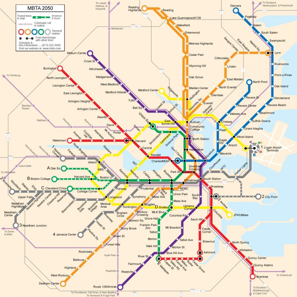 Boston pampublikong transportasyon sa mapa
